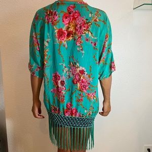 Turquoise Floral Beach Fringe Coverup